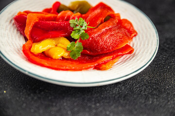 Baked pepper vegetable bell pepper tasty food snack dish fresh gourmet food background on the table rustic food copy space top view keto and paleo diet Vegetarian and vegan food