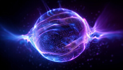 Neon energy sphere of particles and waves of magical glowing. Abstract round shape.