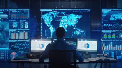 Business Analyst Reviewing Data on Monitors in Modern Office Setting for Corporate Presentation