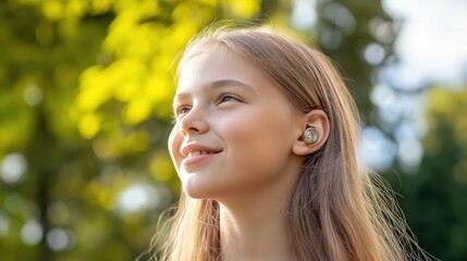 A teenage girl with a hearing aid smiling confidently outdoors.