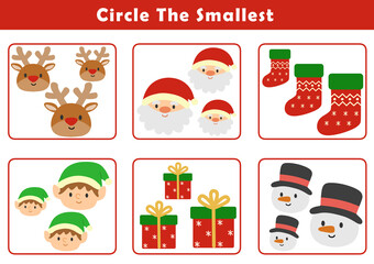 Christmas activity sheet. Education game for children with cute christmas illustration. Circle the smallest object in each group. Fun and educational size comparison worksheets for kids. 