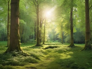 Fototapeta premium Sunlight in a green forest. Forest sunbeam. Ray of sunlight in forest green. Mossy forest sunbeam