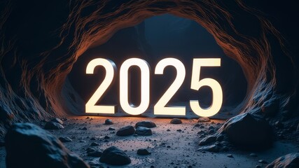 The numbers 2025 glowing underground in the rock