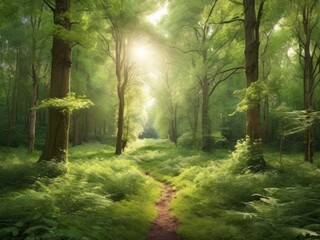 Obraz premium Sunlight in a green forest. Forest sunbeam. Ray of sunlight in forest green. Mossy forest sunbeam