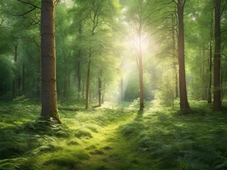 Obraz premium Sunlight in a green forest. Forest sunbeam. Ray of sunlight in forest green. Mossy forest sunbeam