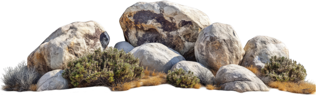 large rocks and small bushes on the ground, isolated against a white background. The scene should be in a desert environment with clear skies