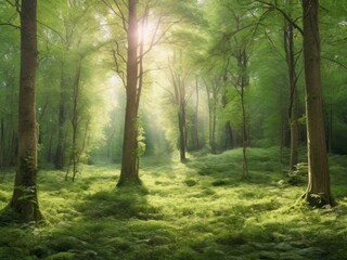 Obraz premium Sunlight in a green forest. Forest sunbeam. Ray of sunlight in forest green. Mossy forest sunbeam