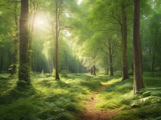 Obraz premium Sunlight in a green forest. Forest sunbeam. Ray of sunlight in forest green. Mossy forest sunbeam