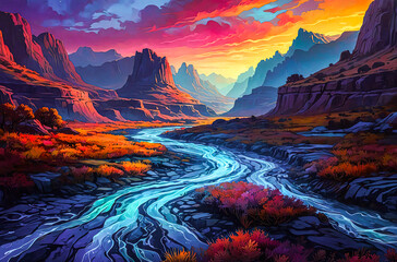 Time-Shifted Valley with Glowing Rivers watercolor vector painting art illustration
