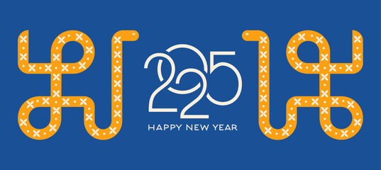 2025 Template with Geometric Snakes. Blue and Yellow Banner for the Year of the Snake. Chinese New Year Celebration.
