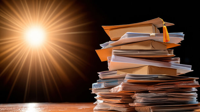 Stacked diplomas and documents illuminated by soft spotlight, symbolizing achievement