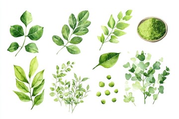 Watercolor Moringa Plant Collection for Health and Wellness Illustration