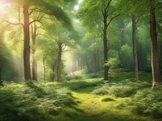 Obraz premium Sunlight in a green forest. Forest sunbeam. Ray of sunlight in forest green. Mossy forest sunbeam