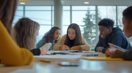Obraz premium diverse students gathered around a large table in a modern classroom