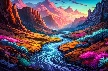 Time-Shifted Valley with Glowing Rivers watercolor vector painting art illustration

