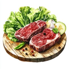 Fototapeta premium Watercolor Painting of Fresh Raw Beef Cubes and Lettuce on a Plate