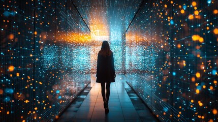 Person walking through illuminated futuristic tunnel