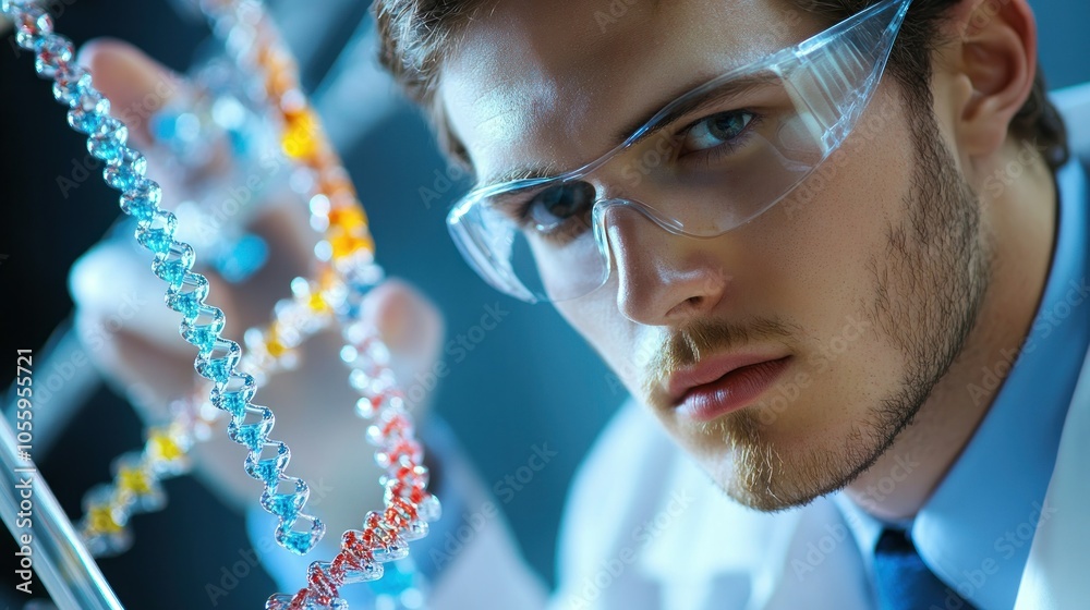Poster Scientist Examining a DNA Double Helix Model in a Lab Setting