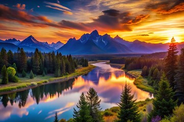 Obraz premium Sunrise Silhouette: Majestic Mountains, Serene Rivers, and Lush Trees in Dawn's Embrace