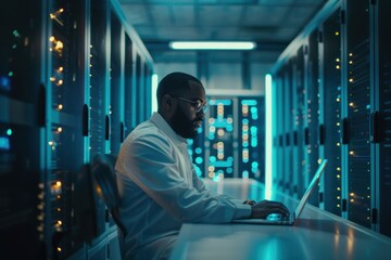 IT Security Specialist Analyzing Data in High-Tech Server Room for Security Protocols