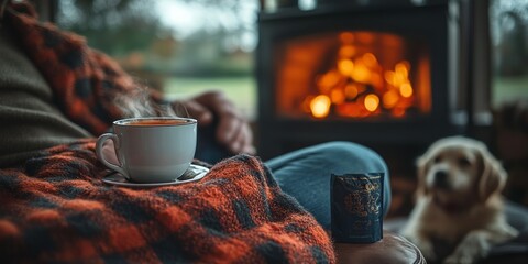 The man is sitting by the fireplace drinking tea with his dog next to him