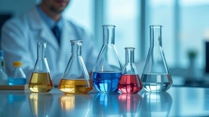 a stack of test tubes with different liquids are on the table in the laboratory