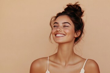 A young woman with a joyful expression and natural makeup smiles warmly. She exudes happiness and confidence, capturing a moment of genuine emotion and positivity. Generated AI