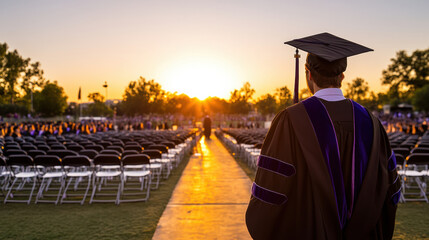 Silhouette of graduate at sunrise on stage, feeling proud and hopeful