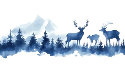 Watercolor deer in a serene forest landscape, blue tones on a white background.