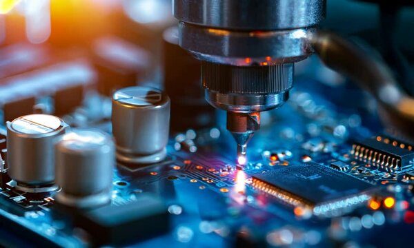 Close-up of a precision device applying material on a circuit board, showcasing technology in manufacturing.