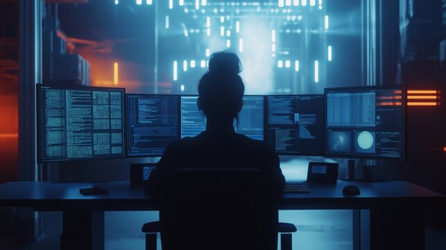 programmer coding at a minimalist desk with multiple screens - Powered by Adobe