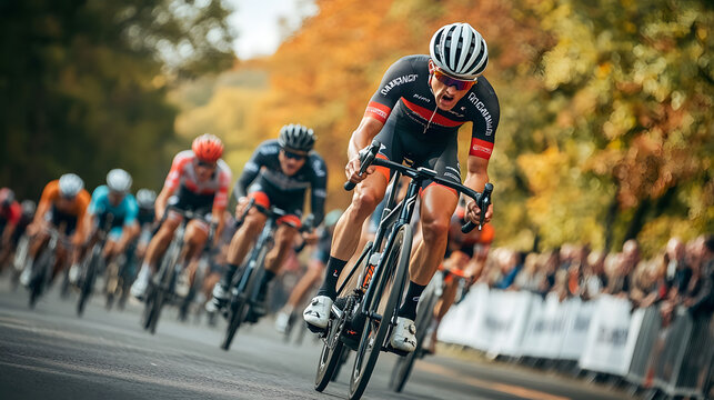 Focused cyclist leading a pack in a competitive race, pushing through an autumnal landscape with vibrant foliage and an enthusiastic crowd lining the road competitive race,