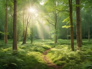 Obraz premium Sunlight in a green forest. Forest sunbeam. Ray of sunlight in forest green. Mossy forest sunbeam