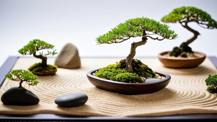 A glass bowl terrarium with a miniature bonsai tree, stones, and sand, blending natural elements in a peaceful, minimalist design.