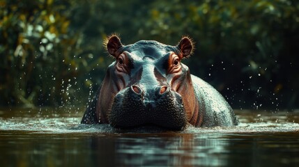 A hippo emerging from a river, with water dripping off its large body, set against a lush green background.