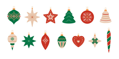 Christmas tree decorations set with different shapes: ball, star, tree, heart, bell, cone, icicle. Vintage holiday ornaments in red, green and beige colors. Xmas toys collection isolated on white