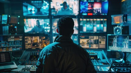 Television Producer Managing Live Broadcast in High-Tech Control Room