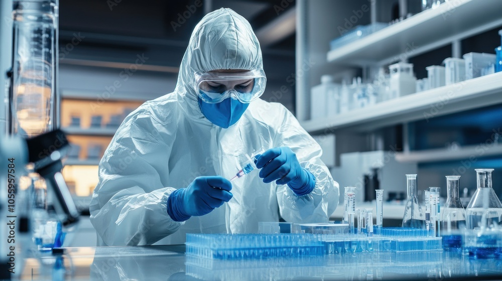 Poster scientist in protective gear filling a syringe with a blue liquid in a laboratory setting