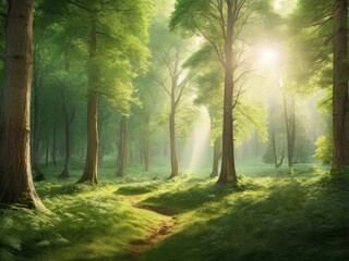 Obraz premium Sunlight in a green forest. Forest sunbeam. Ray of sunlight in forest green. Mossy forest sunbeam