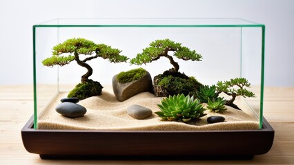 A glass bowl terrarium with a miniature bonsai tree, stones, and sand, blending natural elements in a peaceful, minimalist design.