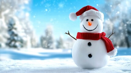 Fototapeta premium Cheerful snowman with a red scarf and hat in a snowy winter landscape.