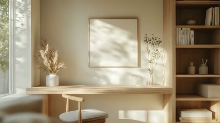 Light wood study table in a cozy nook with soft lighting, natural textures, and comfortable seating for a calm, productive study environment
