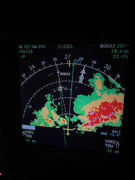 Close up shot on the weather radar on the Navigation Display screen of a modern airliner, visible returns