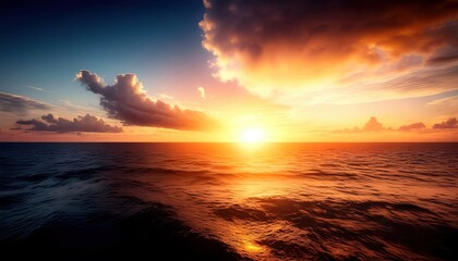 Obraz premium Stunning sunset over the ocean, with waves reflecting the vibrant colors of the sky.