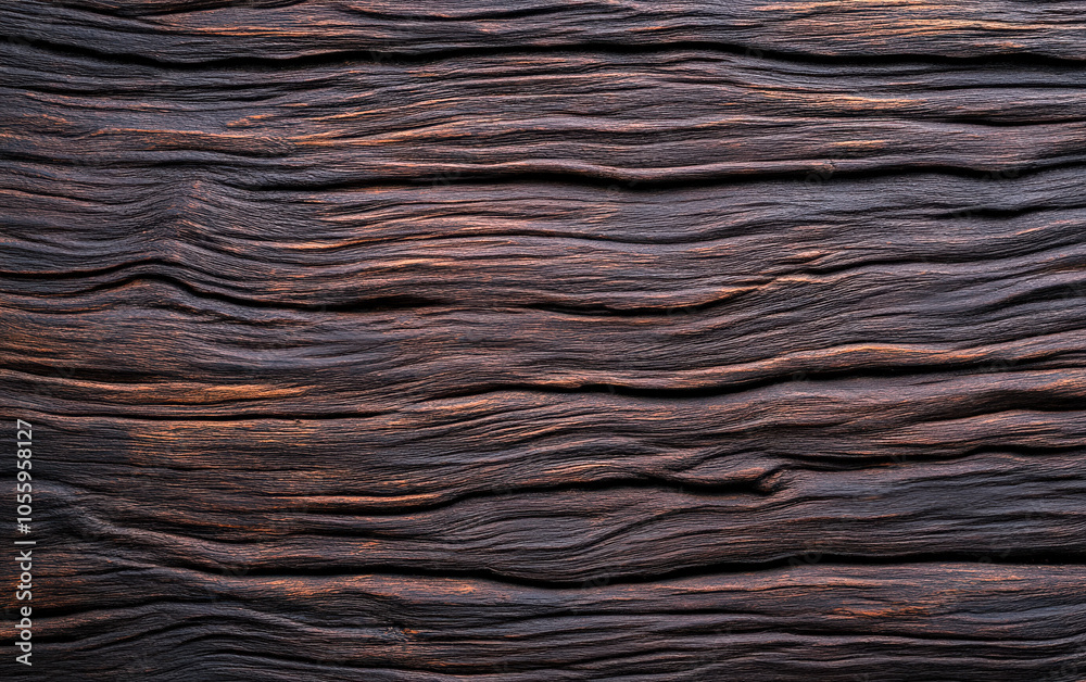 Poster a close-up view of textured dark wood showcasing natural patterns and grooves, highlighting its orga