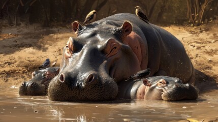 Fototapeta premium A hippo family relaxing in a muddy waterhole, with birds perched on their backs.