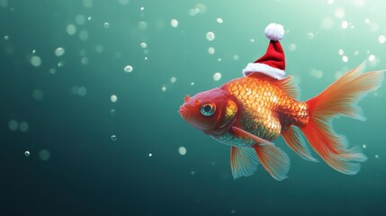 Fototapeta premium A fish wearing a Santa hat is swimming in a tank