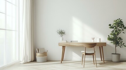 Scandinavian-style study table in a minimalist room with simple lines, pastel colors, and soft natural light, creating a calm atmosphere