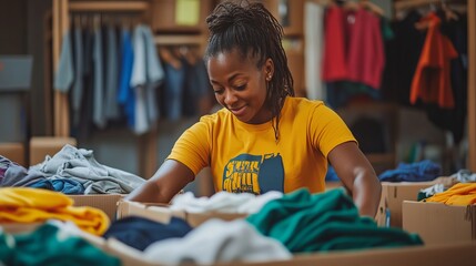 While working at the community center, a black woman volunteer packs clothing in donation boxes.