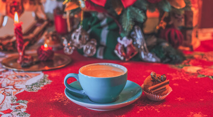 Cozy home decor, illustration of Christmas aesthetic, winter time concept, close up details